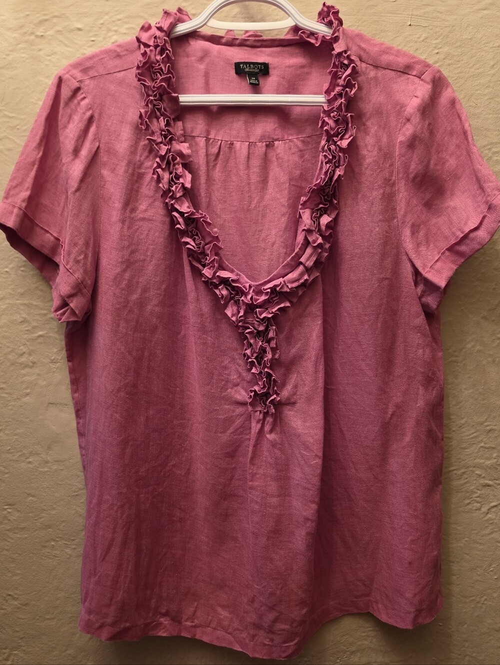 Talbots Pure Linen Pink Ruffle Neck Blouse Size 14 - Picture 1 of 11